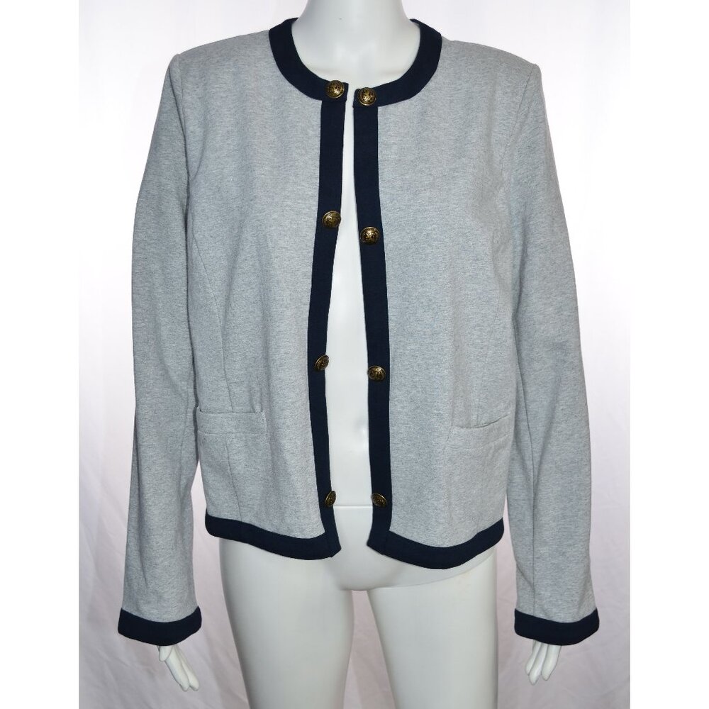 Tommy Hilfiger Open Front Cardigan “85 Crest Logo” Buttons Gray Blue Size L